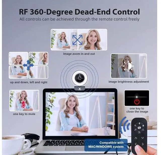 Alt view image 4 of 7 - Zoomable Webcam with Remote Control, 1080P 60FPS Streaming with Ring Light and Microphone, Pro USB Webcam with 5X Digital Zoom and Privacy Cover for Zoom/Skype/Teams/PC/Laptop/Mac