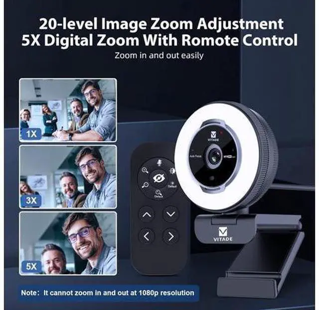 Alt view image 5 of 7 - Zoomable Webcam with Remote Control, 1080P 60FPS Streaming with Ring Light and Microphone, Pro USB Webcam with 5X Digital Zoom and Privacy Cover for Zoom/Skype/Teams/PC/Laptop/Mac