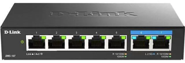 Main image of D-Link 7-Port 2.5GB Unmanaged Gaming Switch with 2 x 2.5G, 5 x 10/100/1000 Mbps - Multi-Gig, Network, Fanless, Plug & Play (DMS-107) Black