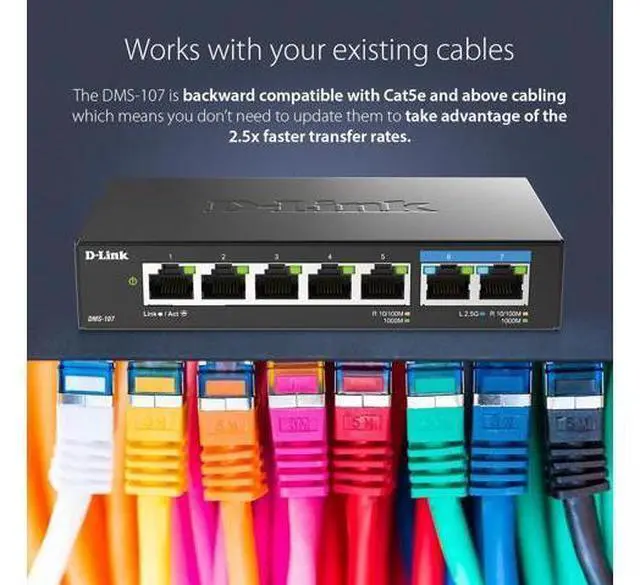 Alt view image 2 of 5 - D-Link 7-Port 2.5GB Unmanaged Gaming Switch with 2 x 2.5G, 5 x 10/100/1000 Mbps - Multi-Gig, Network, Fanless, Plug & Play (DMS-107) Black