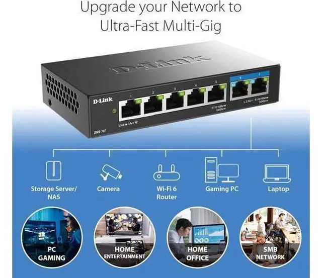 Alt view image 3 of 5 - D-Link 7-Port 2.5GB Unmanaged Gaming Switch with 2 x 2.5G, 5 x 10/100/1000 Mbps - Multi-Gig, Network, Fanless, Plug & Play (DMS-107) Black