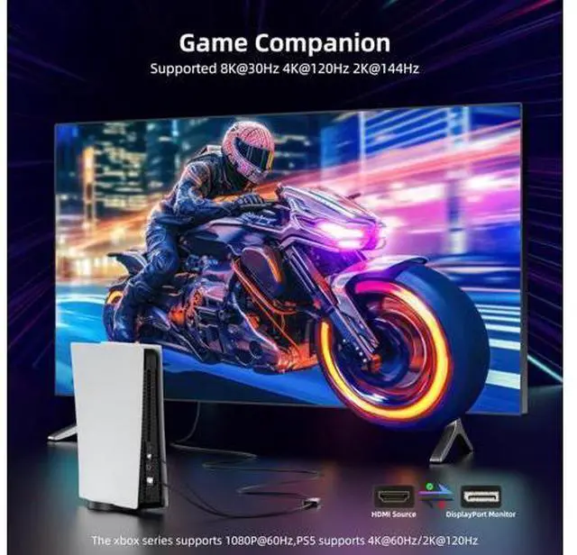 Alt view image 2 of 7 - 8K HDMI to Displayport Cable, 4K@120Hz HDMI 2.1 to Displayport 1.4 Adapter, USB Power, for Laptops, Discrete GPUs, PS5, and Xbox Series X, and Gaming Monitors