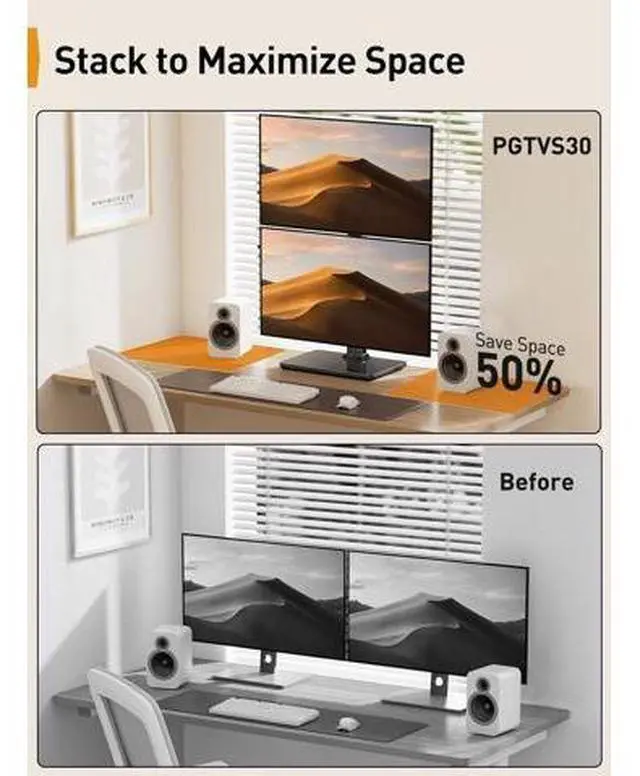 Alt view image 2 of 7 - Perlegear Monitor Stand, Dual Monitor Mount for Two 13-40 inch Screens, Vertical Monitor Stand with 360 Degree Rotation, Swivel and Tilt, 13 Height Settings, Max VESA 100x100mm, PGTVS30