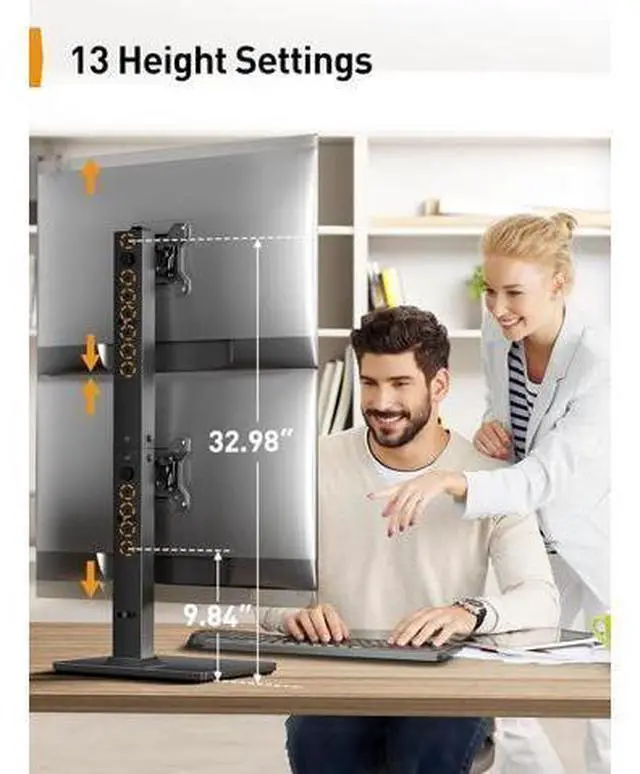 Alt view image 4 of 7 - Perlegear Monitor Stand, Dual Monitor Mount for Two 13-40 inch Screens, Vertical Monitor Stand with 360 Degree Rotation, Swivel and Tilt, 13 Height Settings, Max VESA 100x100mm, PGTVS30