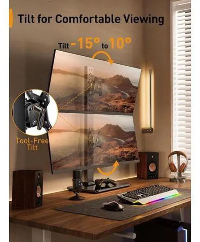 Alt view image 6 of 7 - Perlegear Monitor Stand, Dual Monitor Mount for Two 13-40 inch Screens, Vertical Monitor Stand with 360 Degree Rotation, Swivel and Tilt, 13 Height Settings, Max VESA 100x100mm, PGTVS30
