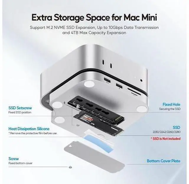 Alt view image 5 of 7 - Mac mini M4 Dock with 4TB M.2 SSD Enclosure (SSD NOT Included) Mac mini M4/ M4 Pro Hub Stand with HDMI 4K@60Hz 2024 MacMini USB C Hub Accessories 3 USB A 2.0 SD/TF 3.5mm Audio
