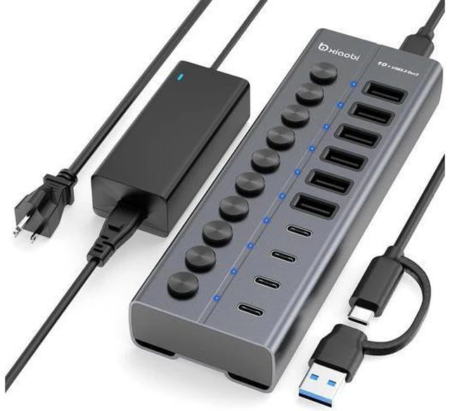 Main image of Powered USB Hub 10-Port USB C Hub with 6 USB-A 3.2 4 USB-C 3.2 Ports Individual Switches and 12V/5A Power Adapter Aluminum USB Extension for MacBook Laptop/PC and More.