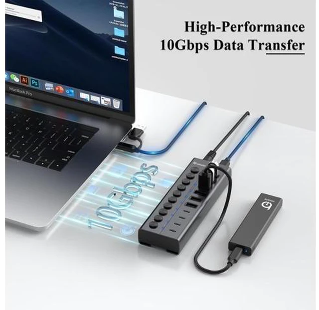 Alt view image 3 of 7 - Powered USB Hub 10-Port USB C Hub with 6 USB-A 3.2 4 USB-C 3.2 Ports Individual Switches and 12V/5A Power Adapter Aluminum USB Extension for MacBook Laptop/PC and More.