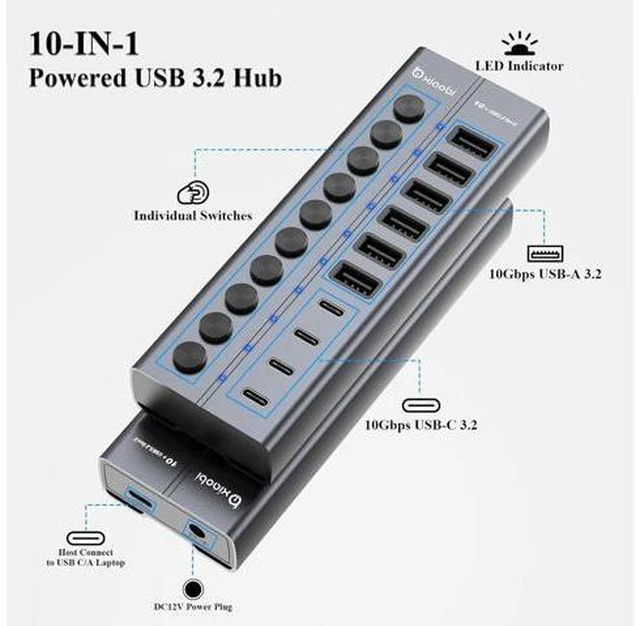 Alt view image 2 of 7 - Powered USB Hub 10-Port USB C Hub with 6 USB-A 3.2 4 USB-C 3.2 Ports Individual Switches and 12V/5A Power Adapter Aluminum USB Extension for MacBook Laptop/PC and More.
