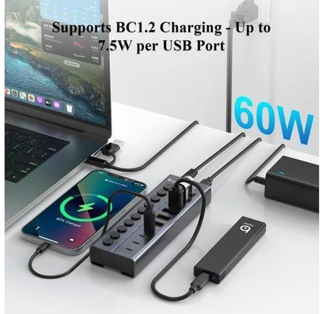 Alt view image 4 of 7 - Powered USB Hub 10-Port USB C Hub with 6 USB-A 3.2 4 USB-C 3.2 Ports Individual Switches and 12V/5A Power Adapter Aluminum USB Extension for MacBook Laptop/PC and More.