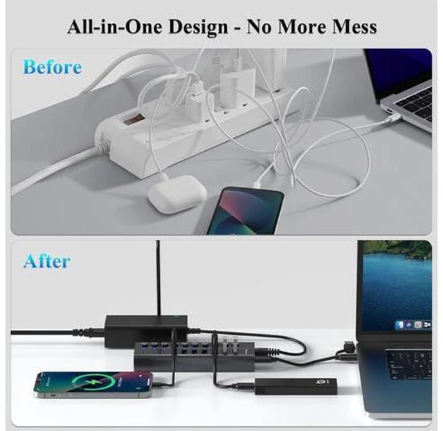 Alt view image 6 of 7 - Powered USB Hub 10-Port USB C Hub with 6 USB-A 3.2 4 USB-C 3.2 Ports Individual Switches and 12V/5A Power Adapter Aluminum USB Extension for MacBook Laptop/PC and More.