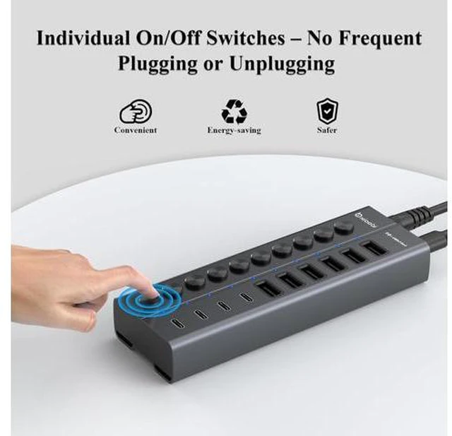 Alt view image 5 of 7 - Powered USB Hub 10-Port USB C Hub with 6 USB-A 3.2 4 USB-C 3.2 Ports Individual Switches and 12V/5A Power Adapter Aluminum USB Extension for MacBook Laptop/PC and More.