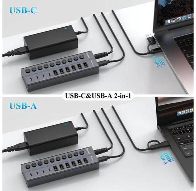 Alt view image 7 of 7 - Powered USB Hub 10-Port USB C Hub with 6 USB-A 3.2 4 USB-C 3.2 Ports Individual Switches and 12V/5A Power Adapter Aluminum USB Extension for MacBook Laptop/PC and More.