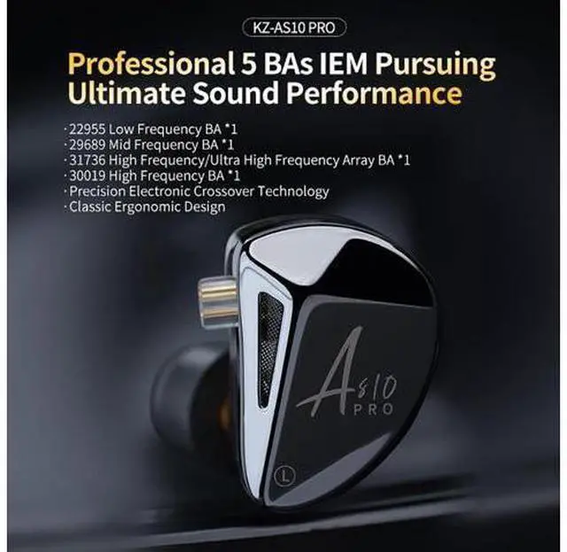 Alt view image 2 of 7 - KZ AS10 PRO in-Ear Earphones 5BA Wired Earbuds with Mirror Polygon Faceplate, 2 Pin Detachable Cable for Gaming Audiophile Musicians, HiFi Bass Noise IsolationBlackNo Mic