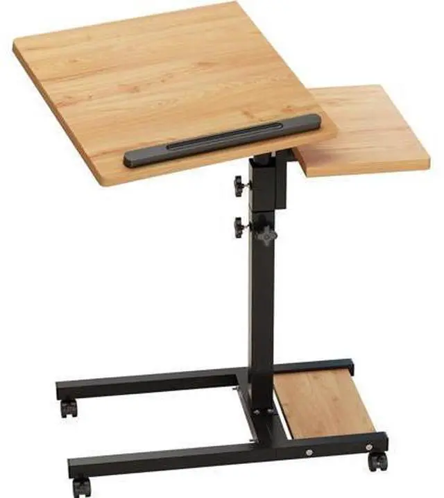 Alt view image 3 of 7 - Laptop Desk Stand for Bed Portable Desk Overbed Bedside Mobile Laptop Table Rolling Foldable Table Adjustable Height with Locked Wheels & Mouse Pad for Office Sofa (Natural Color)