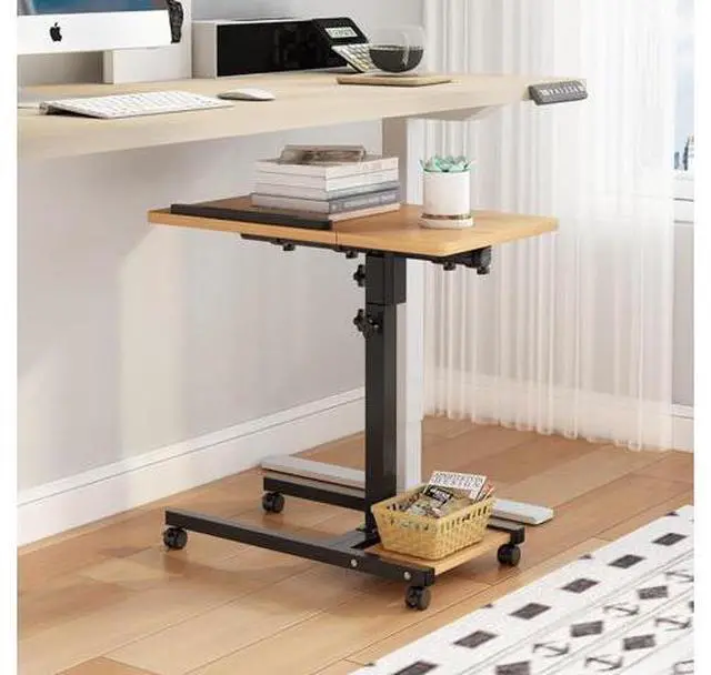 Alt view image 6 of 7 - Laptop Desk Stand for Bed Portable Desk Overbed Bedside Mobile Laptop Table Rolling Foldable Table Adjustable Height with Locked Wheels & Mouse Pad for Office Sofa (Natural Color)