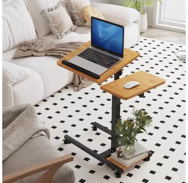 Alt view image 7 of 7 - Laptop Desk Stand for Bed Portable Desk Overbed Bedside Mobile Laptop Table Rolling Foldable Table Adjustable Height with Locked Wheels & Mouse Pad for Office Sofa (Natural Color)