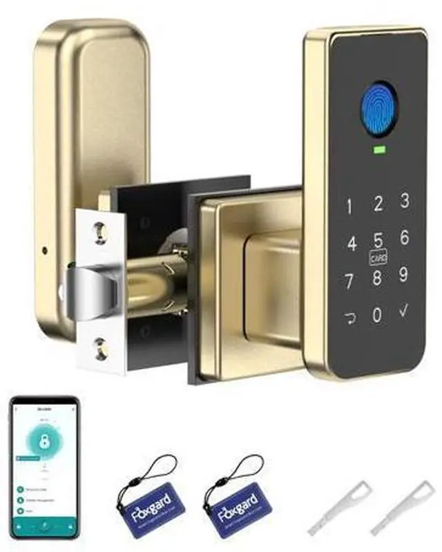 Main image of Fingerprint Door Lock 5-in-1 Biometric Smart Lock with Keypad, App Control, Key, Auto-Lock, Electronic Anti-Lock Keyless Entry for Bedroom, Office, Indoor Use Gold