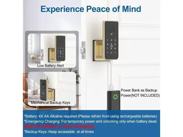 Alt view image 3 of 7 - Fingerprint Door Lock 5-in-1 Biometric Smart Lock with Keypad, App Control, Key, Auto-Lock, Electronic Anti-Lock Keyless Entry for Bedroom, Office, Indoor Use Gold
