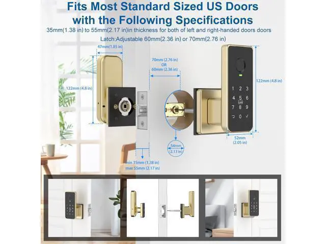 Alt view image 6 of 7 - Fingerprint Door Lock 5-in-1 Biometric Smart Lock with Keypad, App Control, Key, Auto-Lock, Electronic Anti-Lock Keyless Entry for Bedroom, Office, Indoor Use Gold