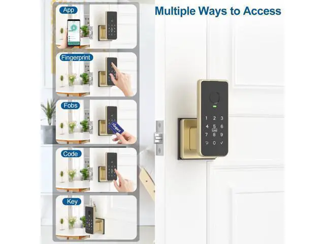 Alt view image 2 of 7 - Fingerprint Door Lock 5-in-1 Biometric Smart Lock with Keypad, App Control, Key, Auto-Lock, Electronic Anti-Lock Keyless Entry for Bedroom, Office, Indoor Use Gold