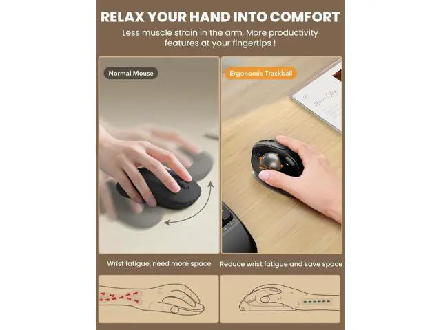 Alt view image 3 of 7 - MAM1 Pro Ergonomic Wireless Trackball Mouse, Adjustable 0°/18° Angle, Thumb Control, Quiet Clicks, 3 Multi-Device Bluetooth & USB Receiver, Rechargeable Mouse for Office, Windows Mac