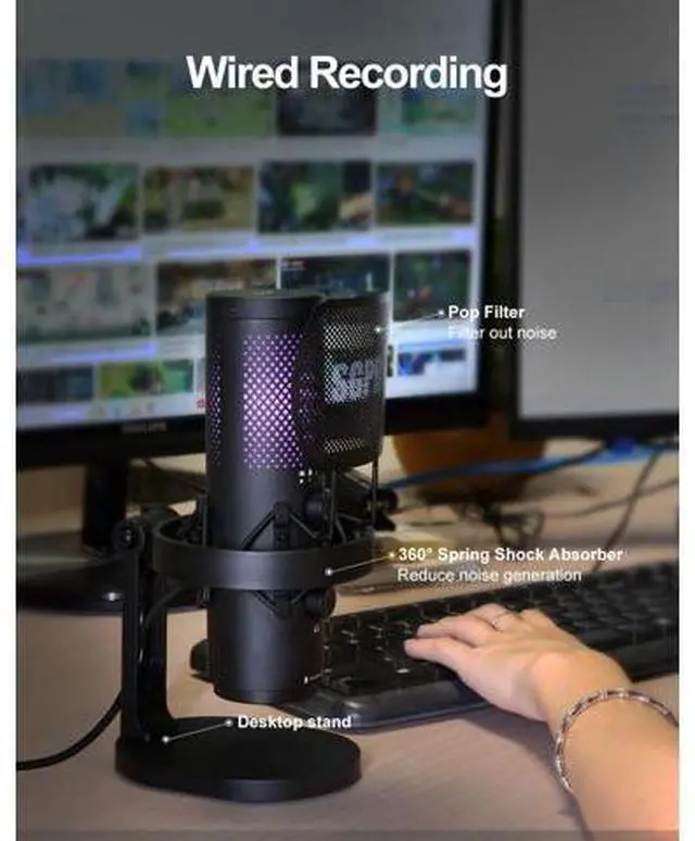 Alt view image 3 of 7 - Wireless USB Microphone for Streaming, Podcast, SG-CM25 Gaming Condenser Mic with RGB, Noise Cancellation, Tap to Mute, 24-bit/48kHz Recording, Includes Shock Mount & Pop Filter (PC/Mac/Mobile)