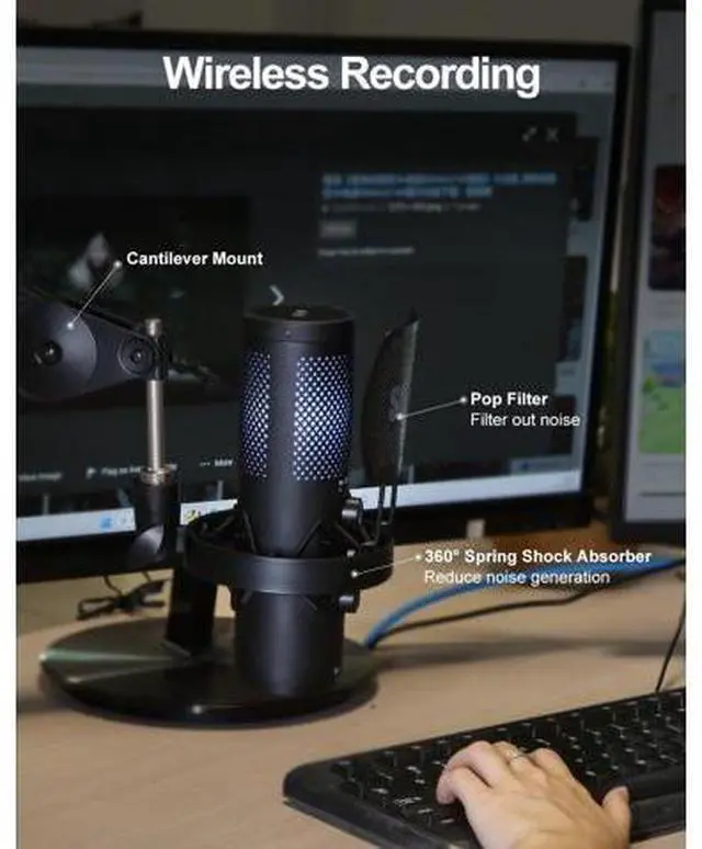 Alt view image 4 of 7 - Wireless USB Microphone for Streaming, Podcast, SG-CM25 Gaming Condenser Mic with RGB, Noise Cancellation, Tap to Mute, 24-bit/48kHz Recording, Includes Shock Mount & Pop Filter (PC/Mac/Mobile)