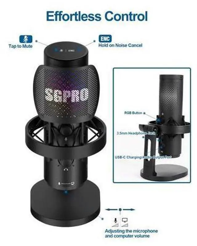 Alt view image 5 of 7 - Wireless USB Microphone for Streaming, Podcast, SG-CM25 Gaming Condenser Mic with RGB, Noise Cancellation, Tap to Mute, 24-bit/48kHz Recording, Includes Shock Mount & Pop Filter (PC/Mac/Mobile)