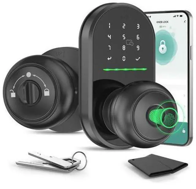Main image of Smart Door Knob with Keypad,5-in-1 Biometric Fingerprint Door Lock,Keyless Entry Door Lock for Bedroom Office Apartment,App Control,Auto Lock,Fits Standard Doors,Dark Black