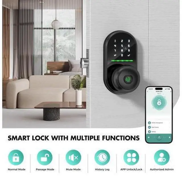Alt view image 5 of 7 - Smart Door Knob with Keypad,5-in-1 Biometric Fingerprint Door Lock,Keyless Entry Door Lock for Bedroom Office Apartment,App Control,Auto Lock,Fits Standard Doors,Dark Black