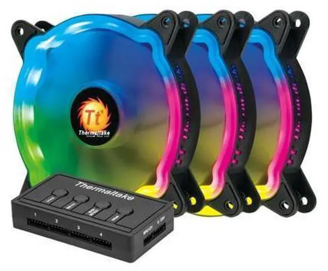 Main image of Thermaltake 120mm RGB Silent Case Fan with ARGB Controlling Hub Sync Lighting Effect 20 Lighting Modes 34.24 CFM 1300RPM, 3 Packs