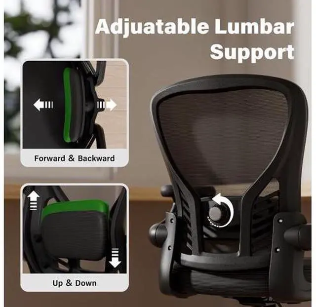 Alt view image 3 of 7 - GYI Ergonomic Office Chair, Mesh Desk Chair with Adjustable Lumbar Support and 3D Flip-up Arms, Computer Chair with Wheels, Black