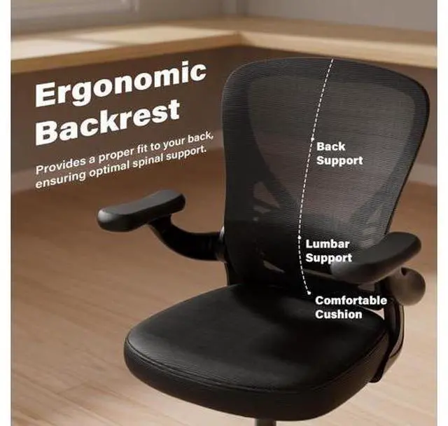 Alt view image 6 of 7 - GYI Ergonomic Office Chair, Mesh Desk Chair with Adjustable Lumbar Support and 3D Flip-up Arms, Computer Chair with Wheels, Black