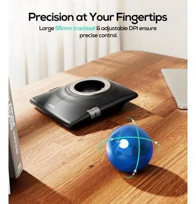 Alt view image 3 of 7 - M512 Wireless Trackball Mouse, Ergonomic 55mm Trackball, 4 Level Adjustable DPI for Precise Control, Left or Right Hand Compatible, Rechargeable, Multi-Device Bluetooth & 2.4GHz for PC, Laptop