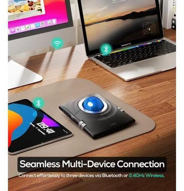 Alt view image 5 of 7 - M512 Wireless Trackball Mouse, Ergonomic 55mm Trackball, 4 Level Adjustable DPI for Precise Control, Left or Right Hand Compatible, Rechargeable, Multi-Device Bluetooth & 2.4GHz for PC, Laptop