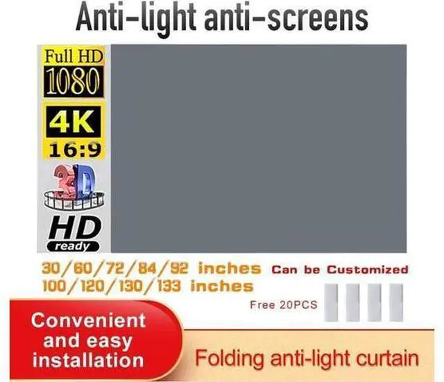 Alt view image 2 of 7 - Projector Screen Screen Projector Screen Simple 16:9 Anti-Light Curtain Home Outdoor Office Portable 3D HD Smart Home(133 inch)
