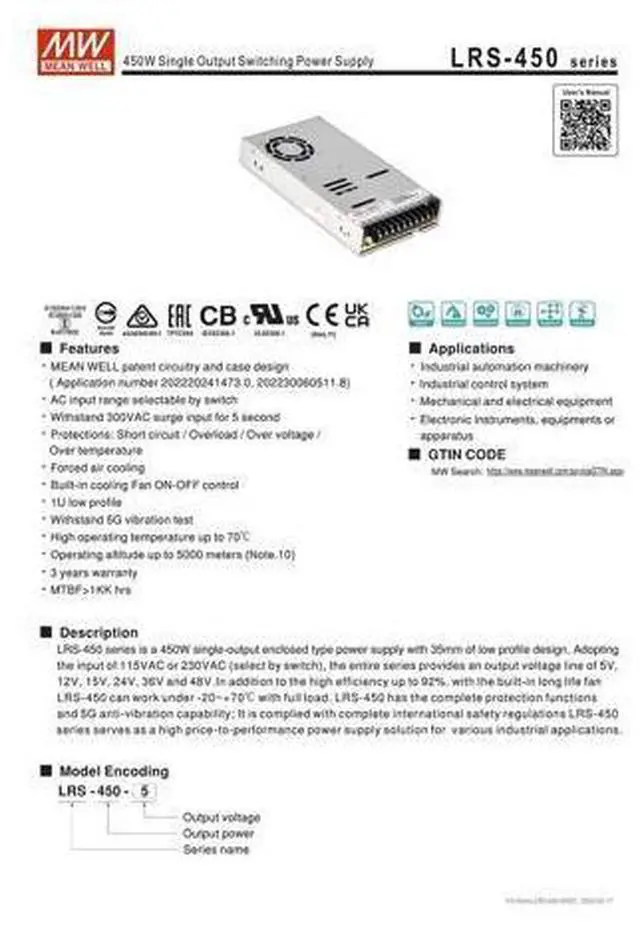 Alt view image 3 of 6 - Original Mean Well LRS-450-15 450W 15V Switching Power Supply 110V/220V AC to 15V DC 30A 450W dc Power Supply Transformer