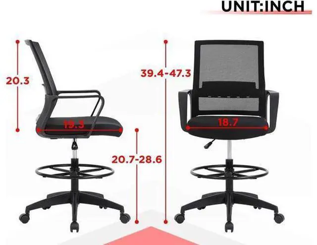 Alt view image 2 of 7 - Drafting Chair Tall Office Chair Mesh Ergonomic Mid-Back Desk Chair with Adjustable Foot Ring for Executive Computer Standing Desk, Black