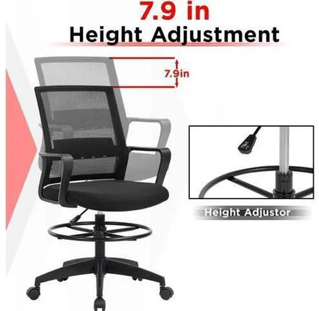 Alt view image 3 of 7 - Drafting Chair Tall Office Chair Mesh Ergonomic Mid-Back Desk Chair with Adjustable Foot Ring for Executive Computer Standing Desk, Black