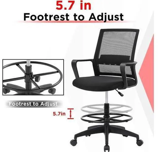 Alt view image 4 of 7 - Drafting Chair Tall Office Chair Mesh Ergonomic Mid-Back Desk Chair with Adjustable Foot Ring for Executive Computer Standing Desk, Black