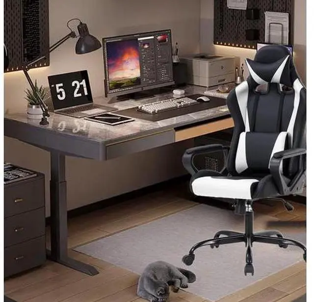 Alt view image 2 of 7 - Gaming Chair High-Back Office Chair Ergonomic Video Game Chairs Height Adjustable Reclining Computer Chair with Lumbar Support Armrest Headrest Swivel Chair Game Chair for Adult Teen - White