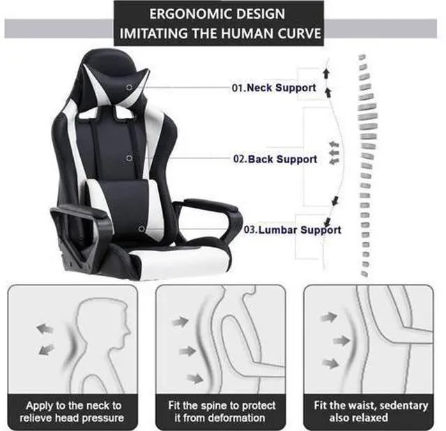 Alt view image 5 of 7 - Gaming Chair High-Back Office Chair Ergonomic Video Game Chairs Height Adjustable Reclining Computer Chair with Lumbar Support Armrest Headrest Swivel Chair Game Chair for Adult Teen - White