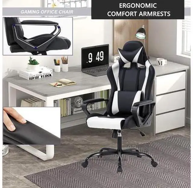 Alt view image 6 of 7 - Gaming Chair High-Back Office Chair Ergonomic Video Game Chairs Height Adjustable Reclining Computer Chair with Lumbar Support Armrest Headrest Swivel Chair Game Chair for Adult Teen - White