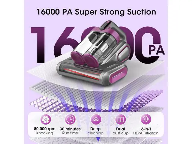 Alt view image 2 of 7 - Bed Mattress Vacuum Cleaner Cordless 16Kpa Handheld Vacuum, Vacuum Cleaner with 253.7nm UV-C Light,HEPA Filter & Ultrasonic, Portable Vacuums for Bed Sofa Couch Crib Birthday Gifts for women men her