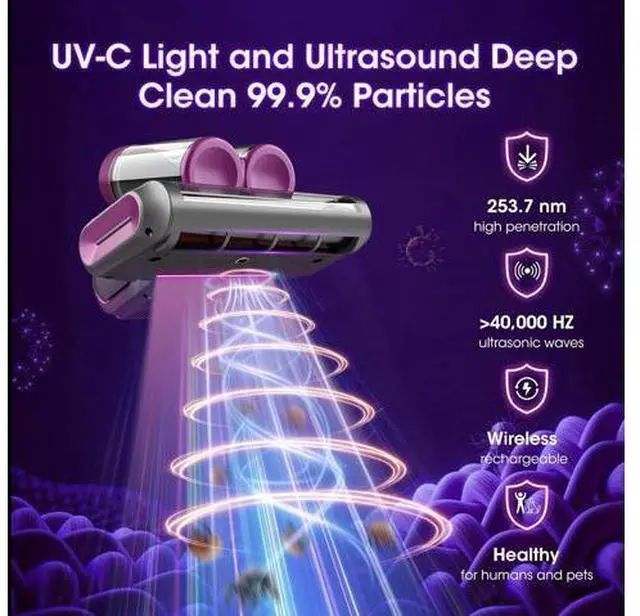 Alt view image 3 of 7 - Bed Mattress Vacuum Cleaner Cordless 16Kpa Handheld Vacuum, Vacuum Cleaner with 253.7nm UV-C Light,HEPA Filter & Ultrasonic, Portable Vacuums for Bed Sofa Couch Crib Birthday Gifts for women men her