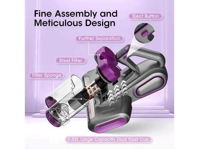 Alt view image 5 of 7 - Bed Mattress Vacuum Cleaner Cordless 16Kpa Handheld Vacuum, Vacuum Cleaner with 253.7nm UV-C Light,HEPA Filter & Ultrasonic, Portable Vacuums for Bed Sofa Couch Crib Birthday Gifts for women men her