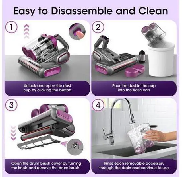 Alt view image 7 of 7 - Bed Mattress Vacuum Cleaner Cordless 16Kpa Handheld Vacuum, Vacuum Cleaner with 253.7nm UV-C Light,HEPA Filter & Ultrasonic, Portable Vacuums for Bed Sofa Couch Crib Birthday Gifts for women men her