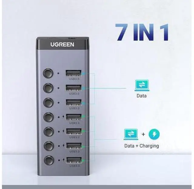 Alt view image 2 of 7 - UGREEN Powered USB 3.0 Hub, 7-Port USB Adapter with 4 Smart Charging Ports, USB Splitter with Individual Led On/Off Switches and Power Adapter, USB Ports Extender for Laptop PC