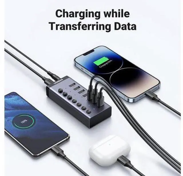 Alt view image 5 of 7 - UGREEN Powered USB 3.0 Hub, 7-Port USB Adapter with 4 Smart Charging Ports, USB Splitter with Individual Led On/Off Switches and Power Adapter, USB Ports Extender for Laptop PC